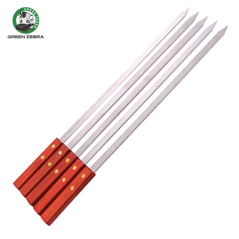 Outdoor Wide Stainless Steel BBQ Accessories Portable  Barbeque Large Flat Kabab Skewers with Wood Handle