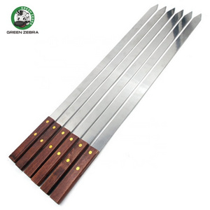 Outdoor Wide Stainless Steel BBQ Accessories Portable  Barbeque Large Flat Kabab Skewers with Wood Handle