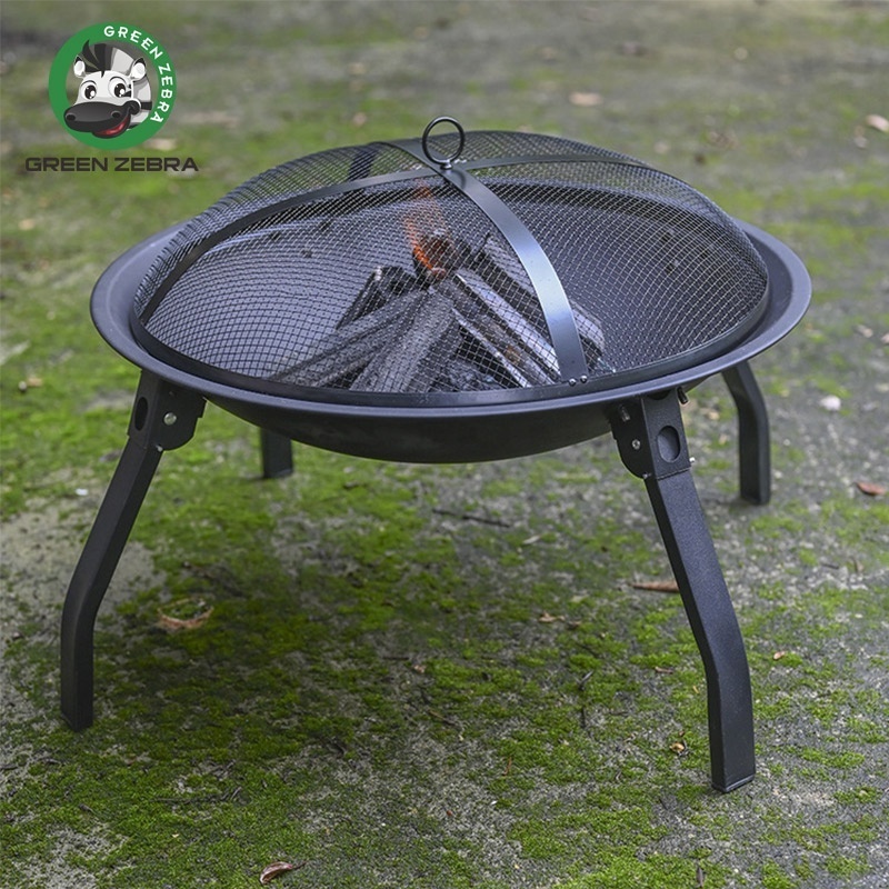 Black Round Outdoor Smokeless Portable Wood Burning Camp Foldable Charcoal Fire Bowl Fire Pit Outdoor with Poker