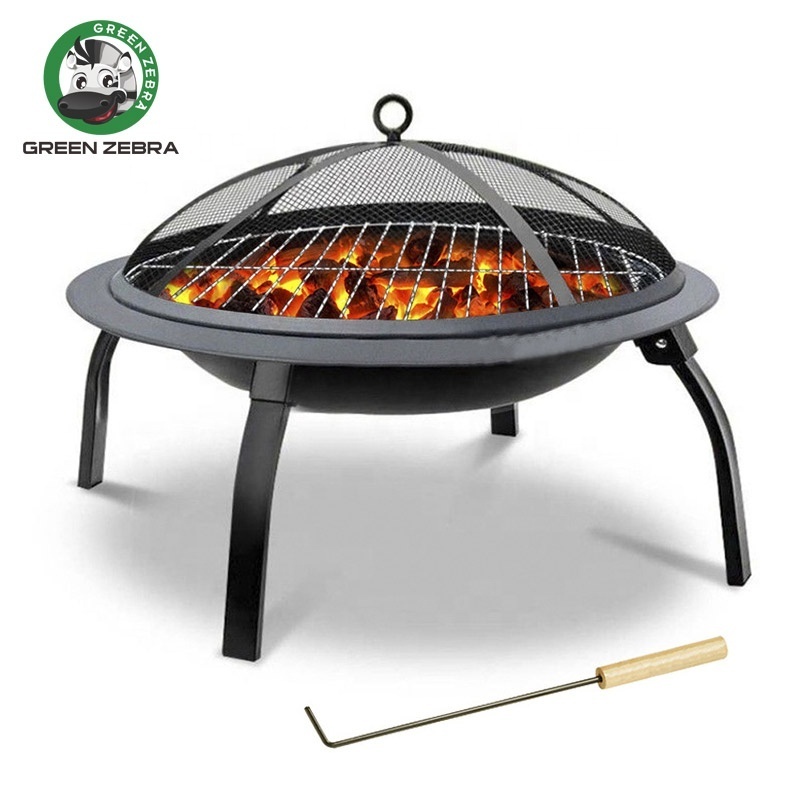 Black Round Outdoor Smokeless Portable Wood Burning Camp Foldable Charcoal Fire Bowl Fire Pit Outdoor with Poker