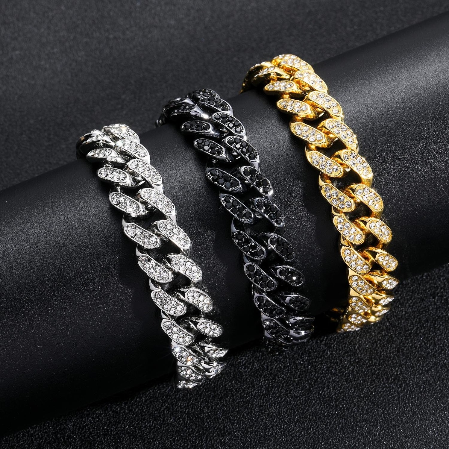 New Luxury Hip Hop Gold Silver Plated Color Cuban Link Alloy Bracelet Men Iced Out Crystal Diamond Black Cuban Chain Bracelet