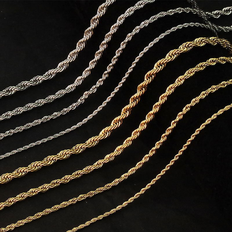 Wholesale Custom 2mm 3mm Stainless Steel Plated 14k 18k Gold Vermeil Thin Rope Chain Necklace Twisted Rope Gold Chain