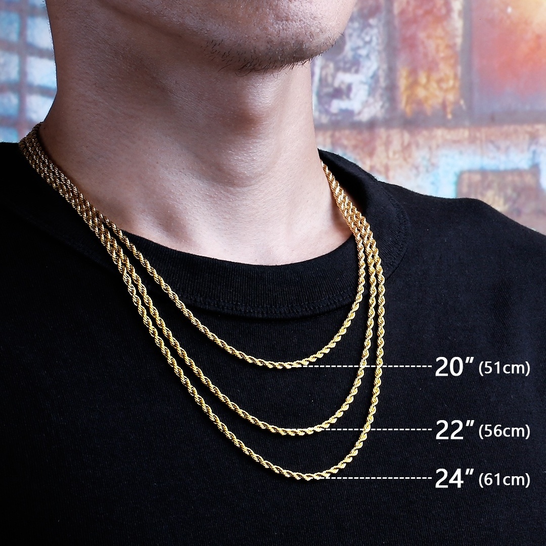 Tarnish Free Hip Hop 18K PVD Gold Plated Men Rope Chains Fine Jewelry Necklace 3mm Silver Black Rose Gold Stainless Steel Chain