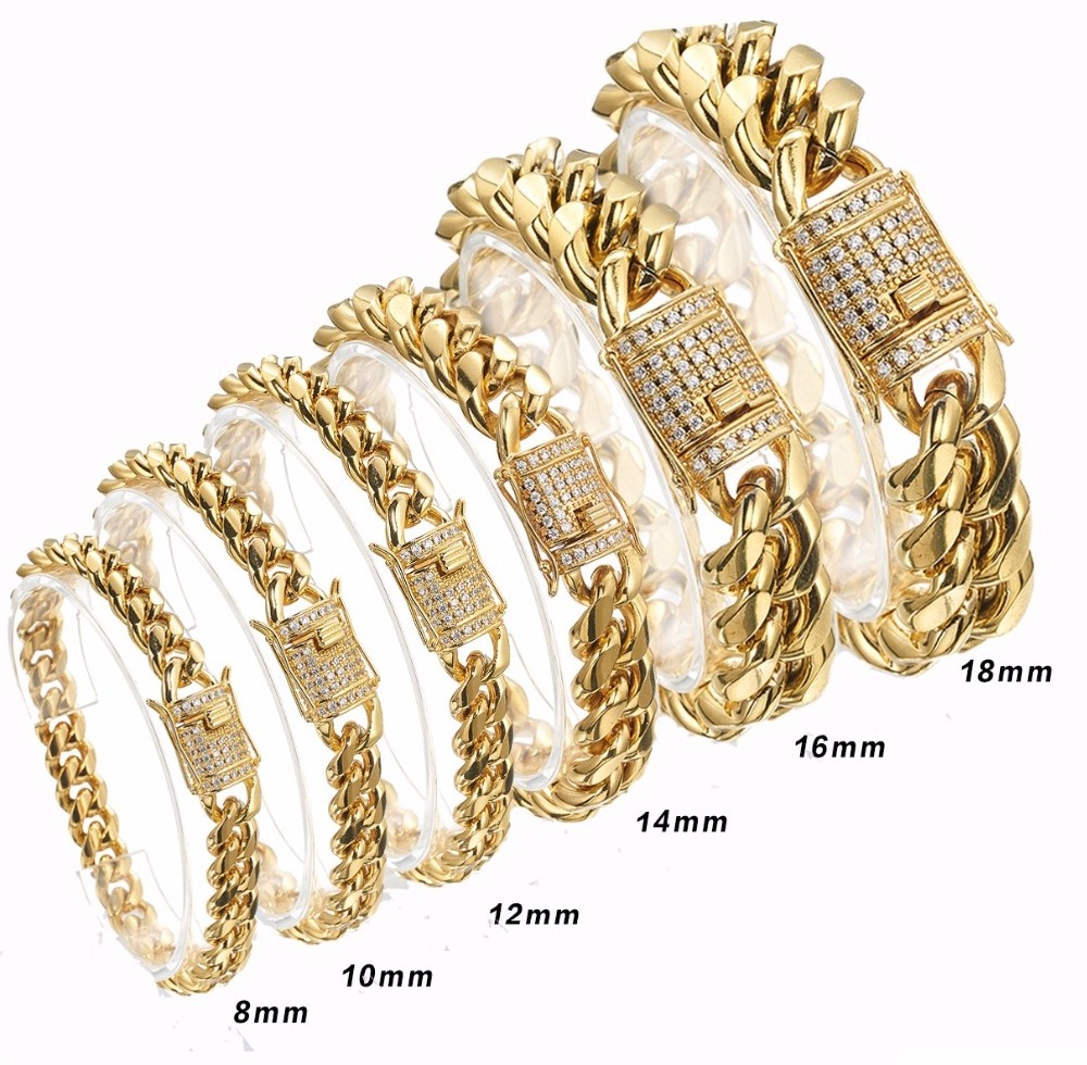 Hot Sale  HipHop Jewelry Chunky Stainless Steel 14K 18K Gold Plated CZ Cuban Chain Wrist Hand Bracelet