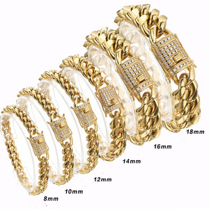 Hot Sale  HipHop Jewelry Chunky Stainless Steel 14K 18K Gold Plated CZ Cuban Chain Wrist Hand Bracelet