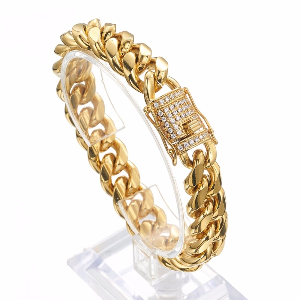 Hot Sale  HipHop Jewelry Chunky Stainless Steel 14K 18K Gold Plated CZ Cuban Chain Wrist Hand Bracelet