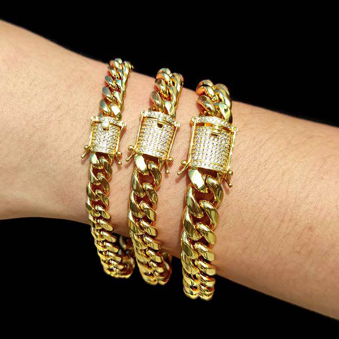 Hot Sale  HipHop Jewelry Chunky Stainless Steel 14K 18K Gold Plated CZ Cuban Chain Wrist Hand Bracelet