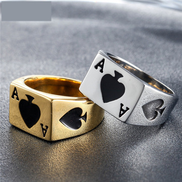 Retro Men's Titanium Steel Ring Gold Silver Personality Spades A Poker Ring Gold-plated Fashion Punk Ring