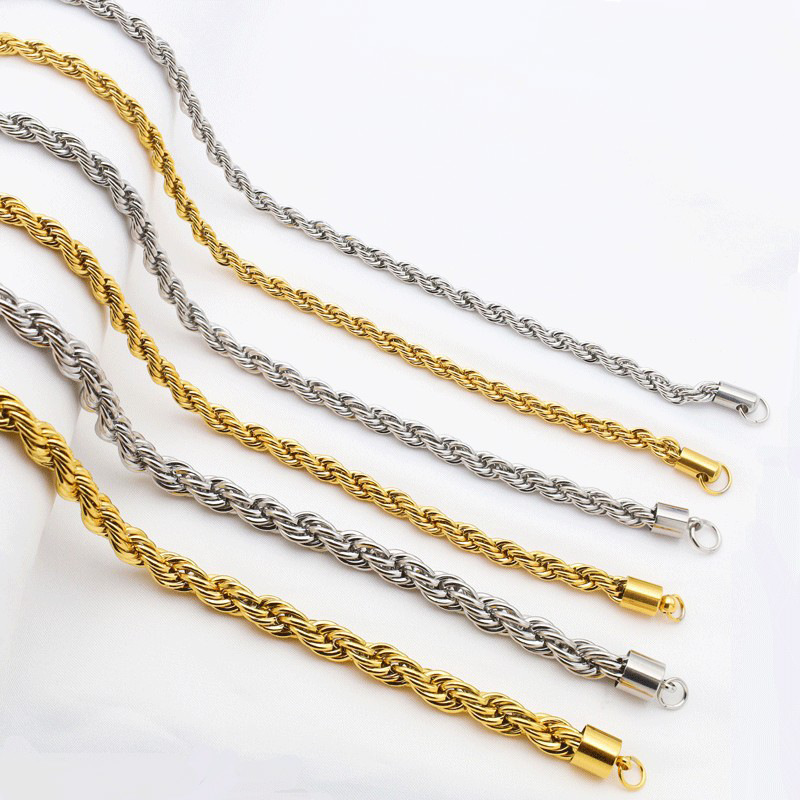 Wholesale Custom 2mm 3mm Stainless Steel Plated 14k 18k Gold Vermeil Thin Rope Chain Necklace Twisted Rope Gold Chain