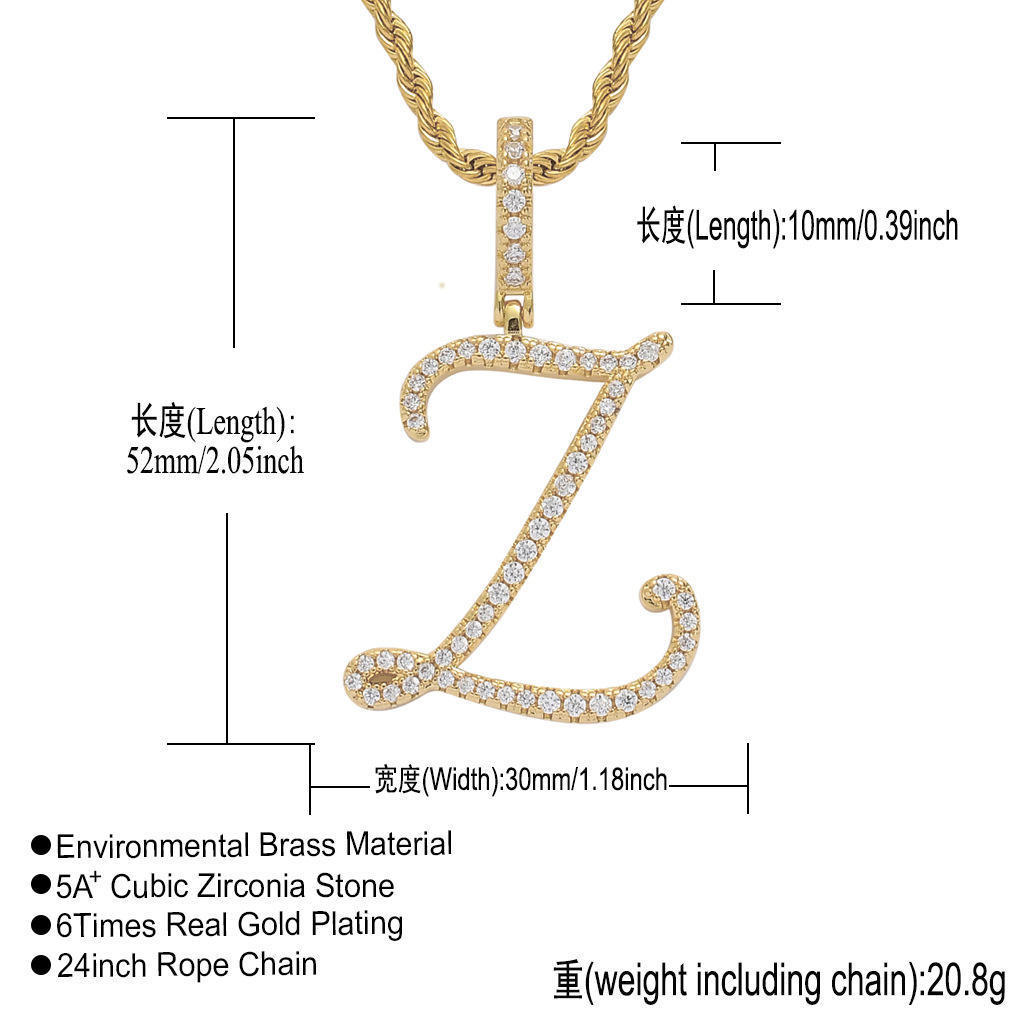 Hip Hop Custom Initial A-Z Pendant Necklace Iced Out Cubic Zircon Cursive Letter Name Pendant With Tennis Chain For Men Jewelry