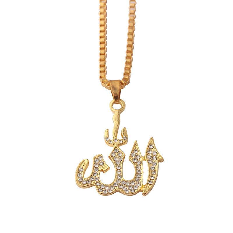 Trendy Hip Hop Jewelry 18k Gold Plated Muslim Allah Long Chain Necklaces Claw Set Diamond Crystal Necklace for Men and Women