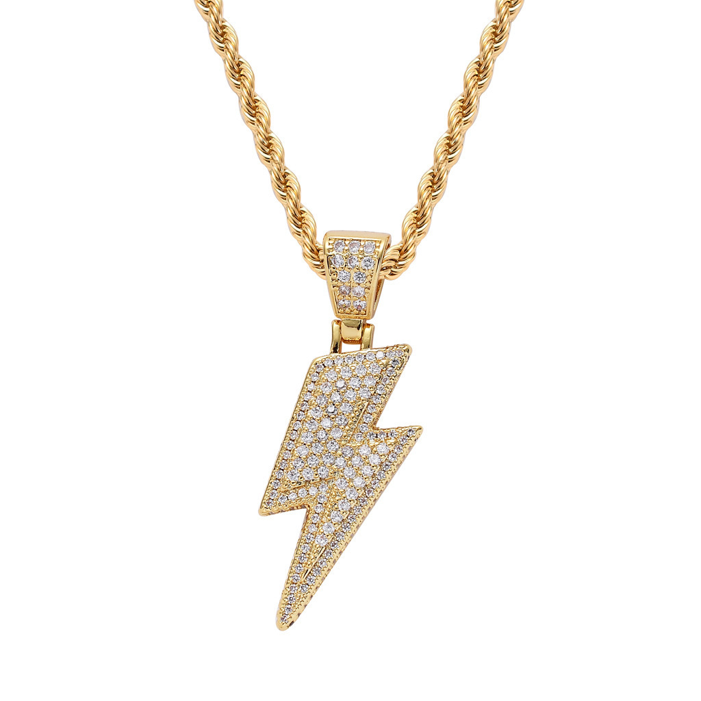 Fashion Brass Iced Out Lightning Bolt Pendants Necklaces For Men Hip Hop Rapper Jewelry