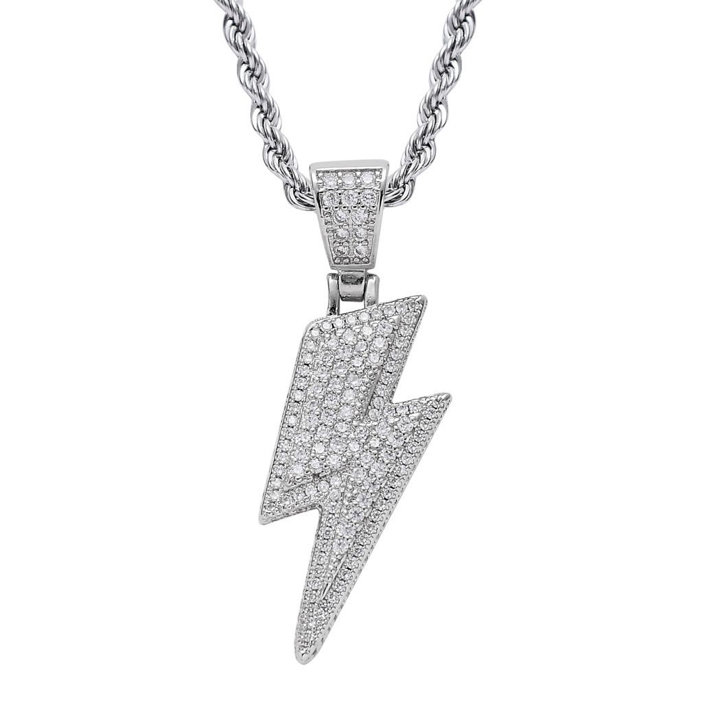 Fashion Brass Iced Out Lightning Bolt Pendants Necklaces For Men Hip Hop Rapper Jewelry