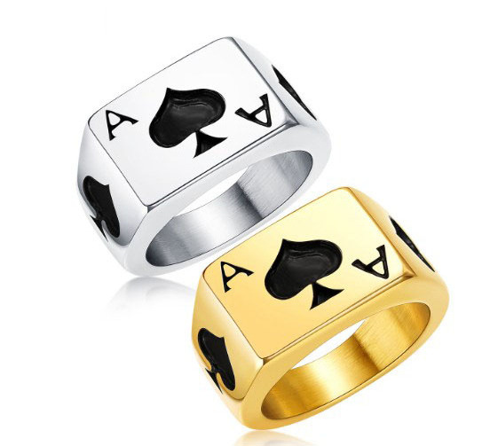 Retro Men's Titanium Steel Ring Gold Silver Personality Spades A Poker Ring Gold-plated Fashion Punk Ring