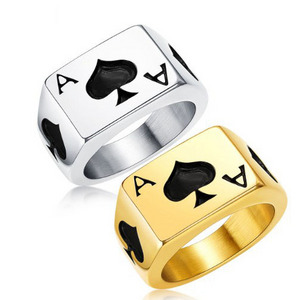 Retro Men's Titanium Steel Ring Gold Silver Personality Spades A Poker Ring Gold-plated Fashion Punk Ring