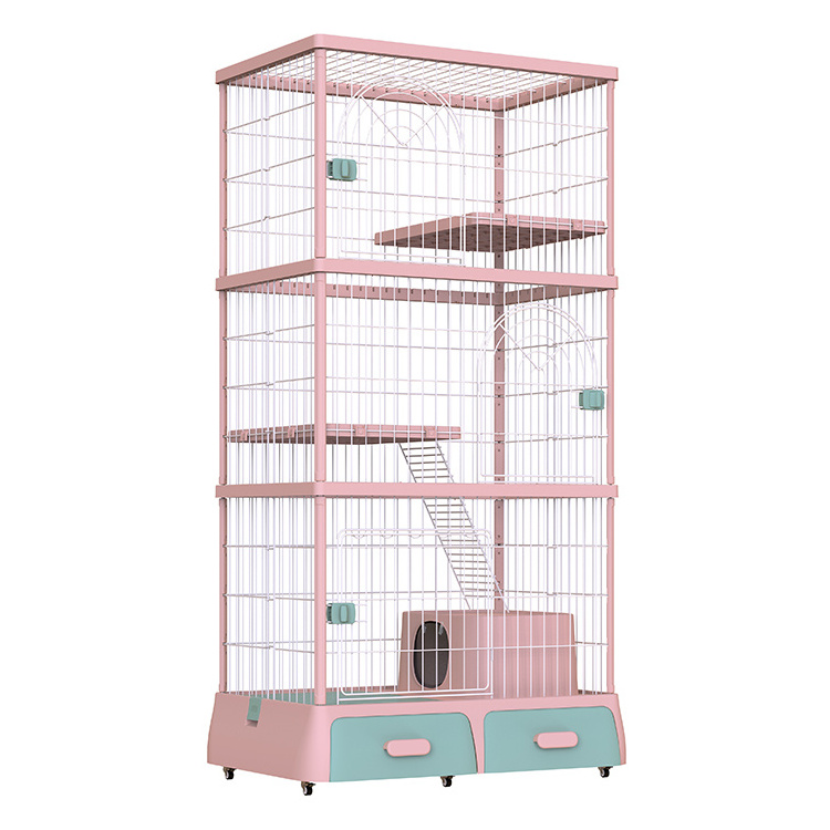 Indoor Large Moving Wheels 3 Level Cat House Playpen Cage With Litter Box And Storage Wire Mesh Pet Kennel