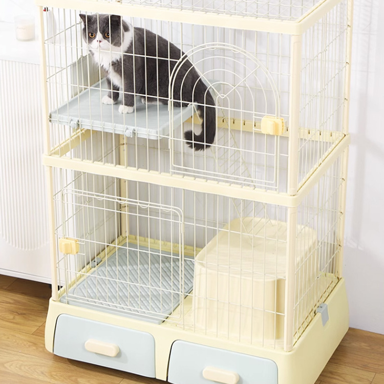 Indoor Large Moving Wheels 3 Level Cat House Playpen Cage With Litter Box And Storage Wire Mesh Pet Kennel