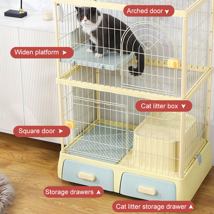 Indoor Large Moving Wheels 3 Level Cat House Playpen Cage With Litter Box And Storage Wire Mesh Pet Kennel