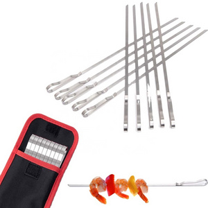 Outdoor Camping Stainless Steel 12 Pack BBQ Skewer Flat Stick Grill Turkish Shish Kebab Skewers Kit with Portable Storage Bag