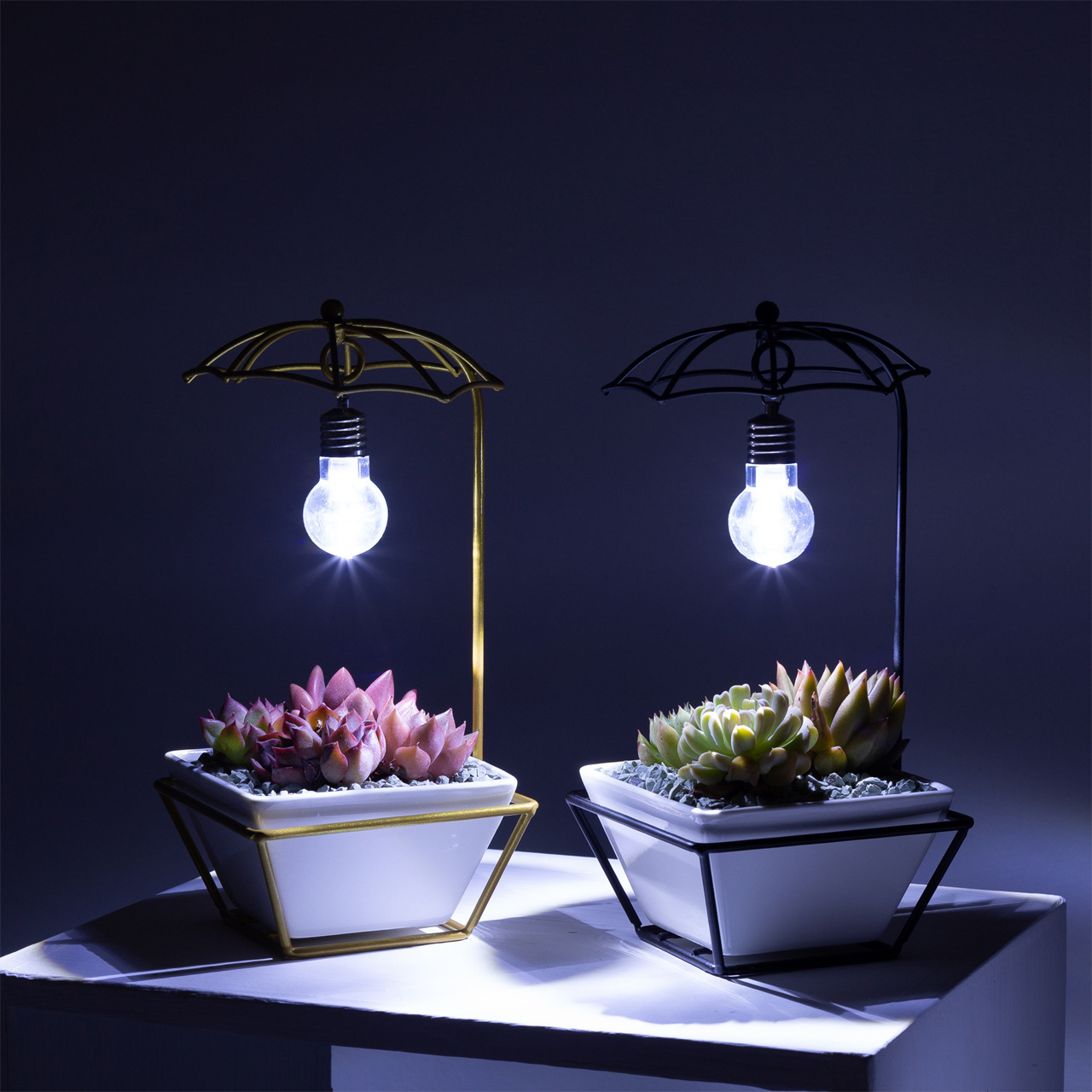 Creative Modern Umbrella Shape Bulb Lamp White Light Succulent Ceramic Pot Gold Metal Flower Planter Pot Flower Pots & Planters