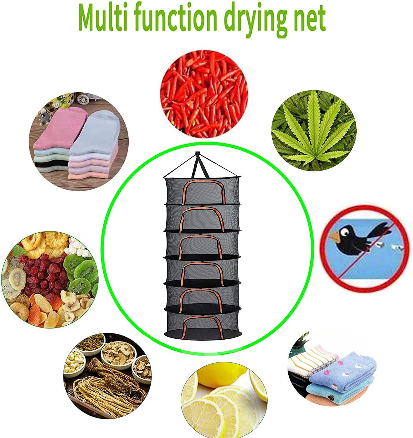 60cm dry net 6 layer storage organization U shape zipper collapsible mesh hanging Herb Plant foldable drying rack drying net