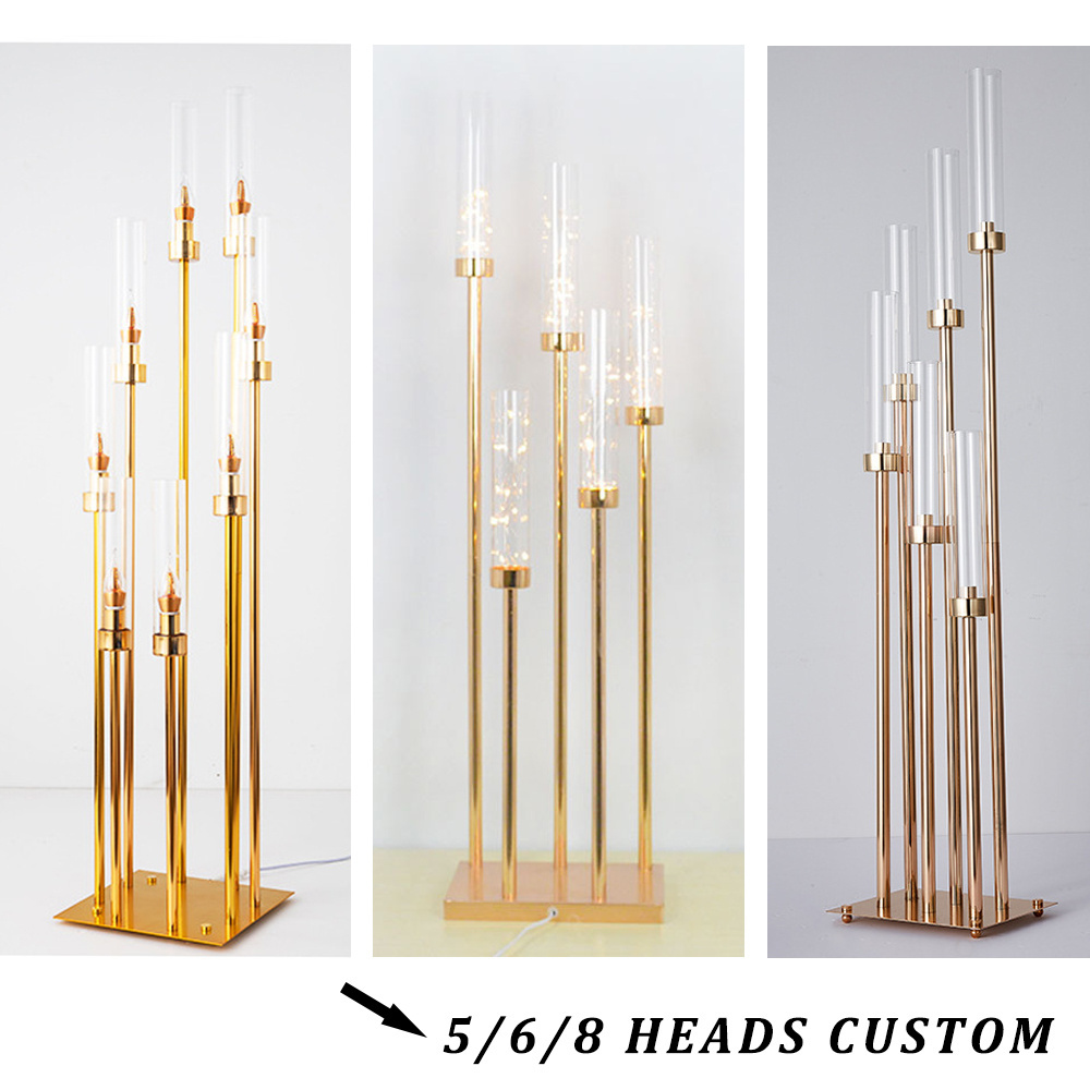 6 Holders Metal Gold Glass Candlestick Candle Holder Decorative Brass Tall Candle Holder Metal Centerpieces For Wedding Table