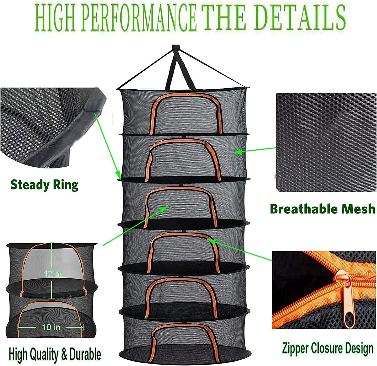 60cm dry net 6 layer storage organization U shape zipper collapsible mesh hanging Herb Plant foldable drying rack drying net