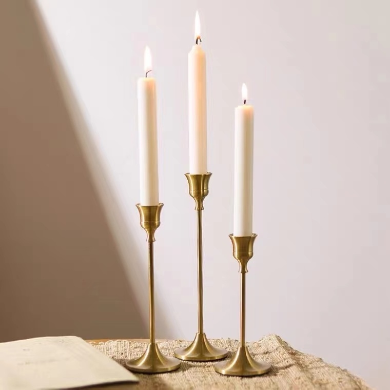 Antique minimalist brass long stemmed tapered candle holder stick set  holders decorative gold candlestick holder