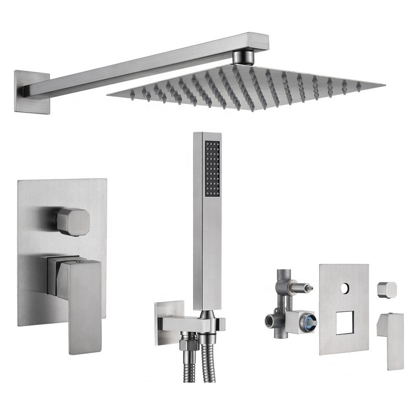 Hotel Bathroom 304 Stainless Steel Brushed Concealed 2 Way Rain Shower Set with Pressure Balance Valve Shower System