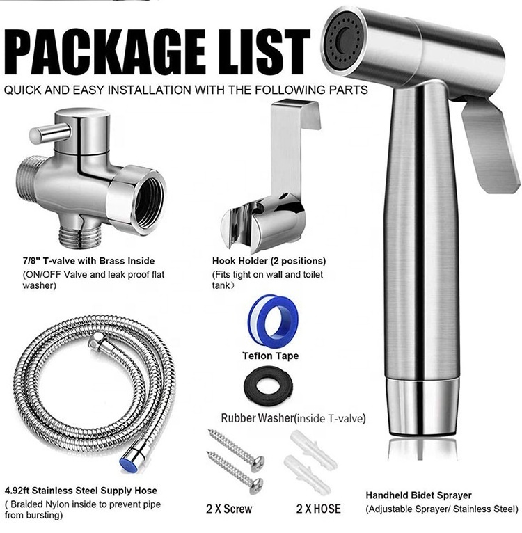 High Quality Toilet Bidet Sprayer Set 304 Stainless Steel Hand-held Bidet Toilet Sprayer for Bathroom Clean