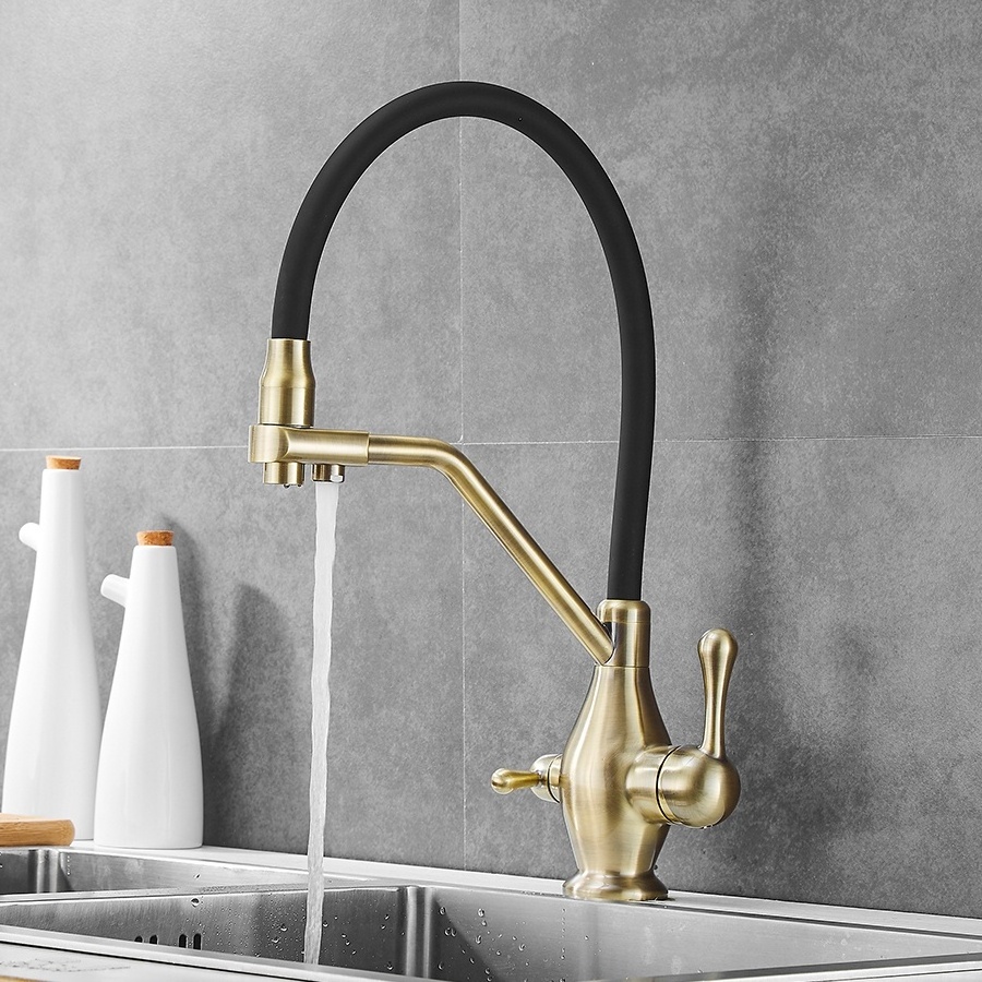 Hot Cold Sink Mixer Handle Pull Out Sprayer Sink Kitchen Faucet Brushed Gold Deck Mounted