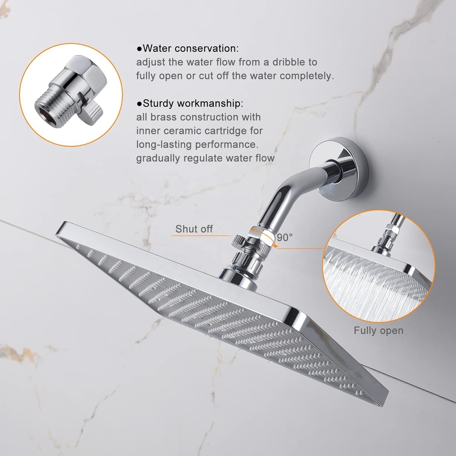 Chrome All Brass Shower Head Shut Off Saving Water Flow Control Valve with Brass Handle, Ceramic Valve for Shower System