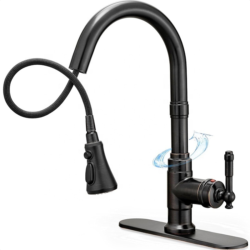 High Quality 3 Functions Pull-down Hot and Cold Water Kitchen Faucets Black with Brushed Bronze Trim