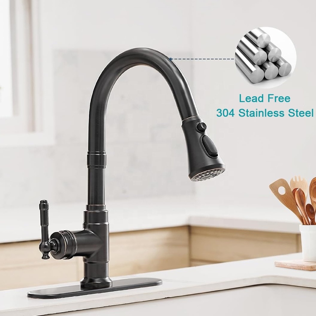 High Quality 3 Functions Pull-down Hot and Cold Water Kitchen Faucets Black with Brushed Bronze Trim