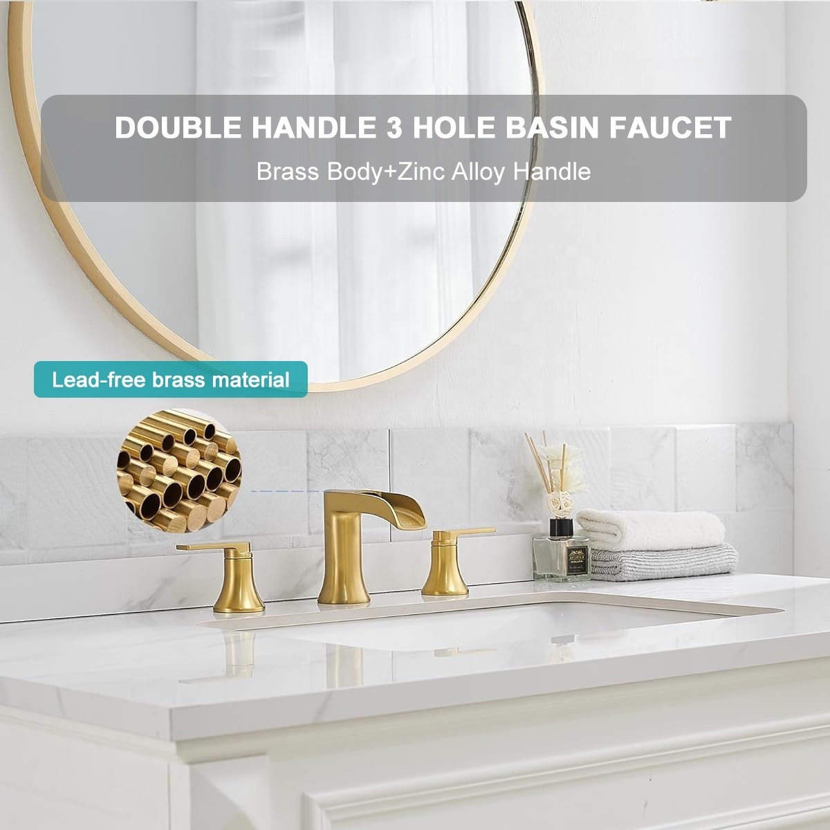 Luxury Hotel Basin Gold Dual Handles Bathroom Brass Basin Tap Copper Brush Gold Faucet