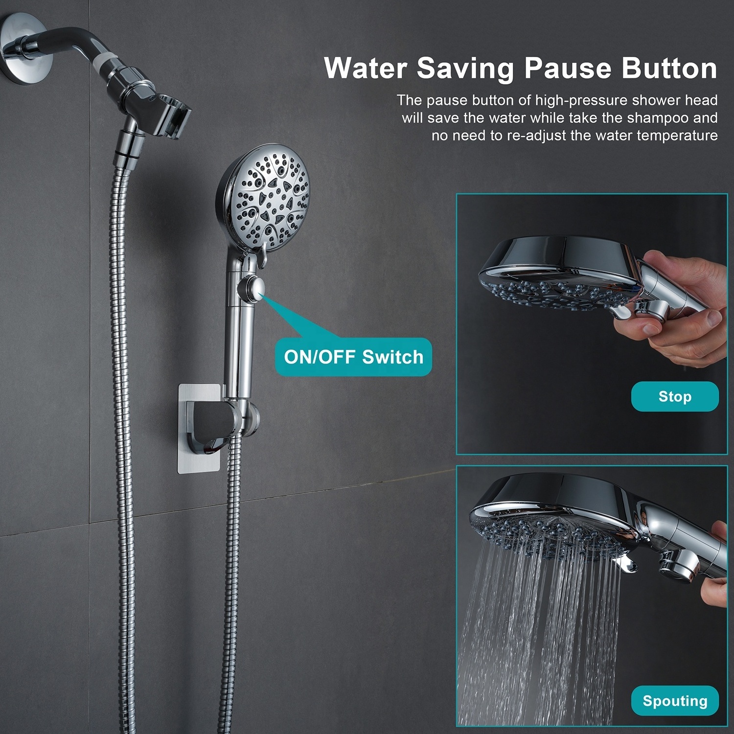 8-Mode High Pressure Handheld Shower Head with On Off Switch and 79 Inches Stainless Steel Hose and 2 Shower Holder