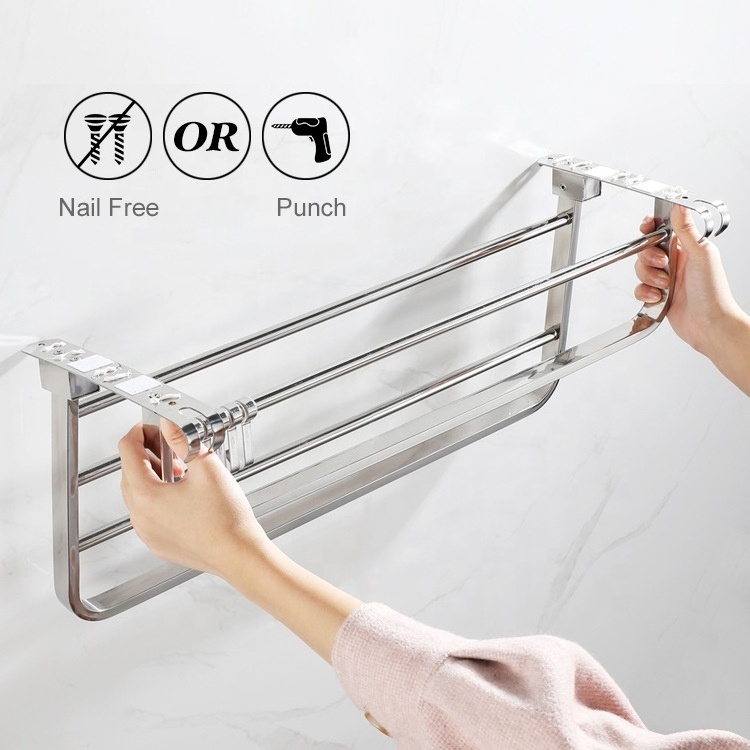 Free Drilling Double Tiers Wall Mount Bathroom 304 Stainless Steel Bathroom Towel Holder Racks With 5 Hook