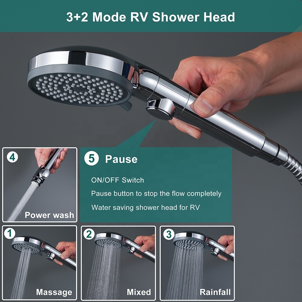 Hand RV Shower Head Kit with Hose and No Drilling Adhesive Wall Mount Shower Holder