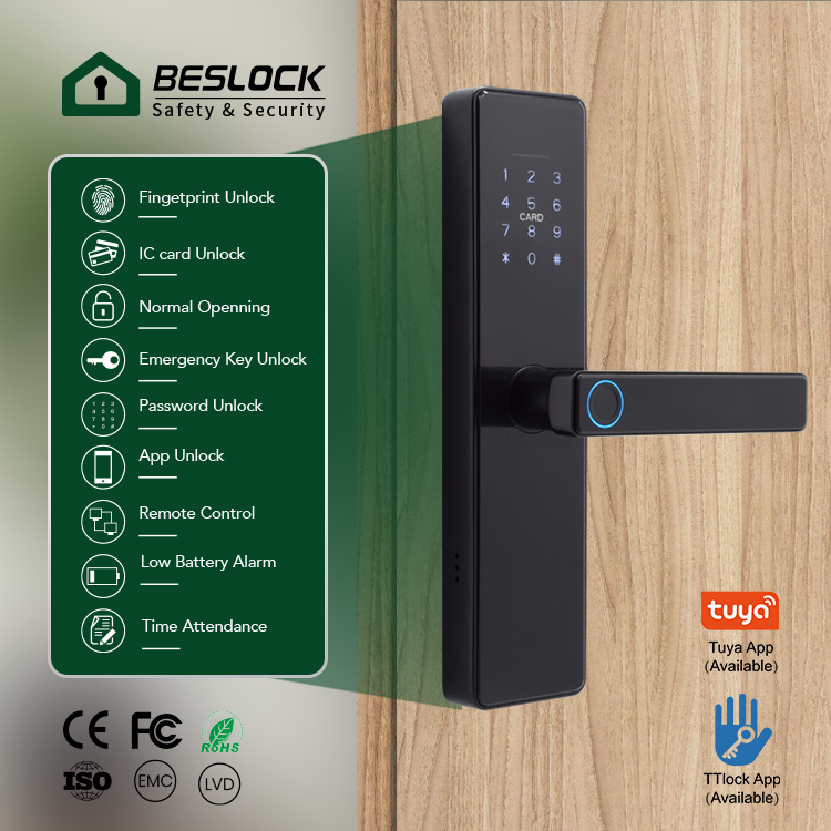 BES Tuya Cerradura inteligente TT Lock Wifi Controlled Fingerprint Deadbolt Smart Keyless Door Lock with American Standard