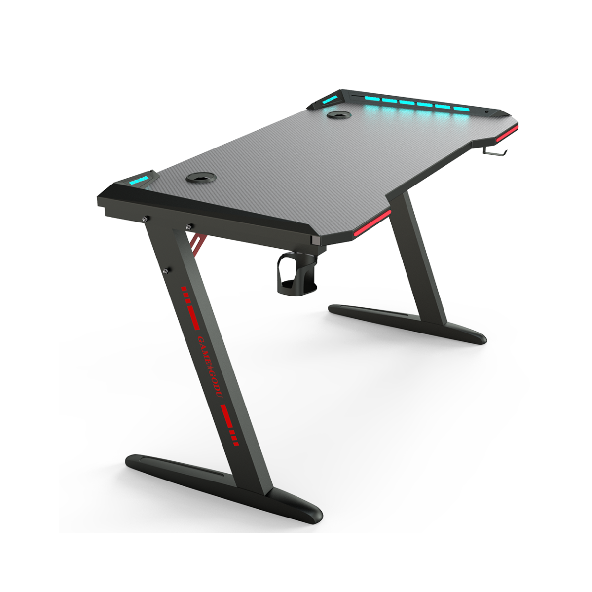 Gaming Desk with RGB LED Lights, Large Z-Shaped Gaming PC Desk with Carbon Fiber Desktop Computer Game Desk Table for Gamer