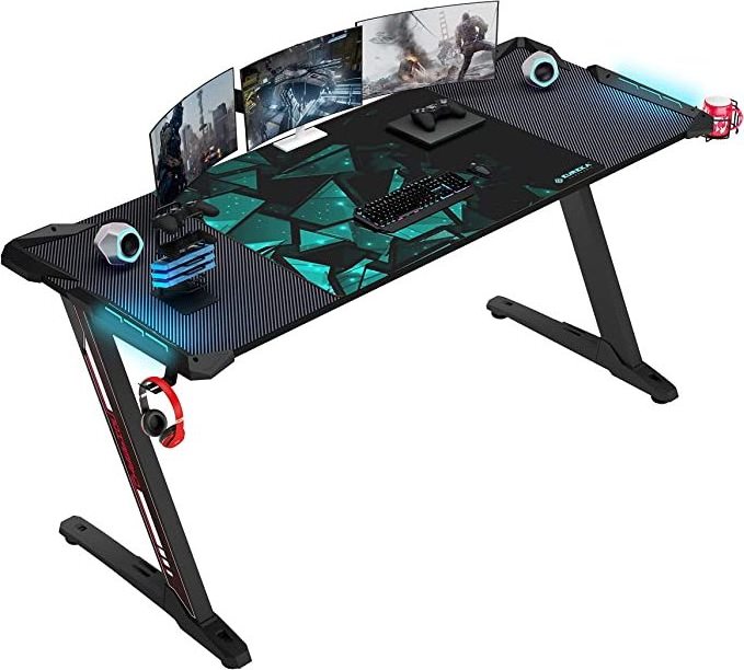 Gaming Desk with RGB LED Lights, Large Z-Shaped Gaming PC Desk with Carbon Fiber Desktop Computer Game Desk Table for Gamer