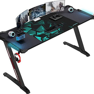 Gaming Desk with RGB LED Lights, Large Z-Shaped Gaming PC Desk with Carbon Fiber Desktop Computer Game Desk Table for Gamer