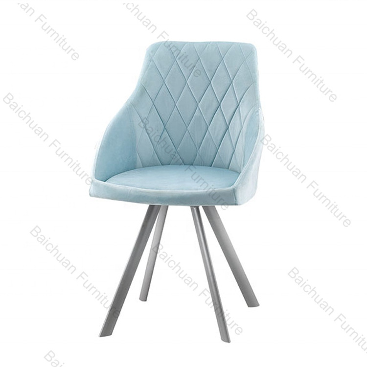 Factory Directly Luxury Design Fabric Modern Sky Blue Velvet Accent Dining Chairs With Silver Legs