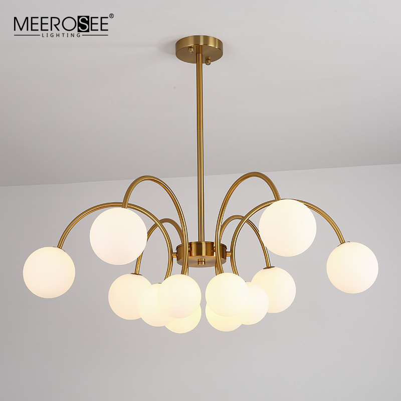 MEEROSEE New Modern Gold Lamp Suspension Lighting Fixture White Glass Ball Pendant Lights for Living Room MD85716