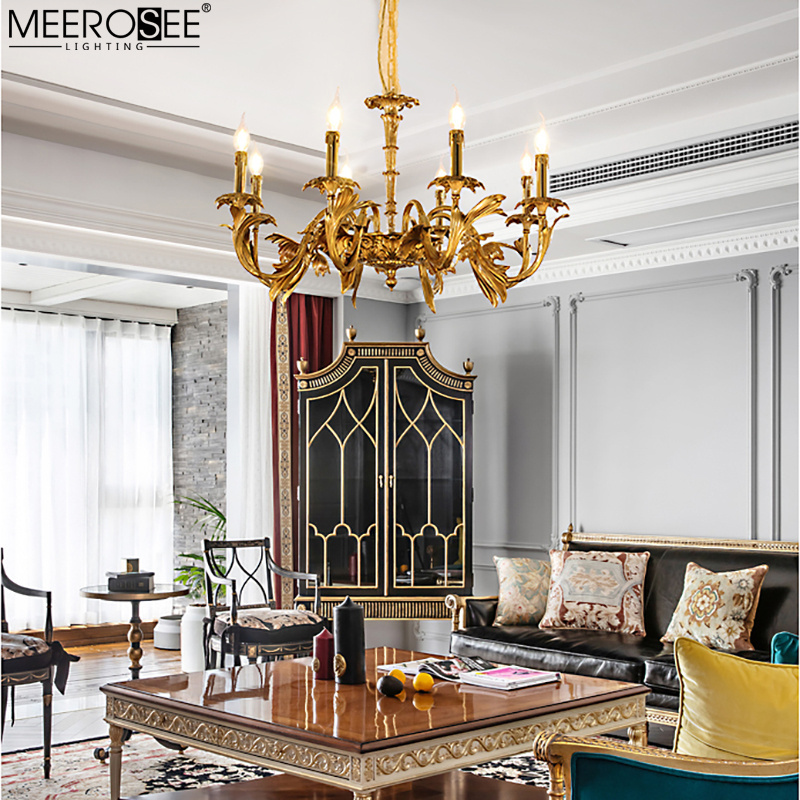 MEEROSEE Lighting Fixtures Chandeliers Pendant lights Copper Carved Ginkgo Biloba Leaves Brass Chandelier TD-1145