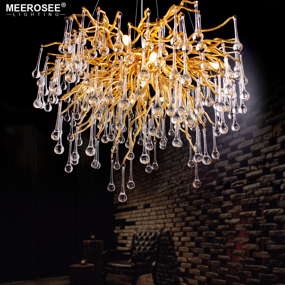 MEEROSEE Brass Gold Chandelier Crystal Modern Hanging Lighting for High Ceilings Stair Raindrop Linear Light Fixture MD8015