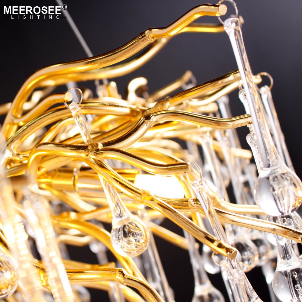 MEEROSEE Brass Gold Chandelier Crystal Modern Hanging Lighting for High Ceilings Stair Raindrop Linear Light Fixture MD8015