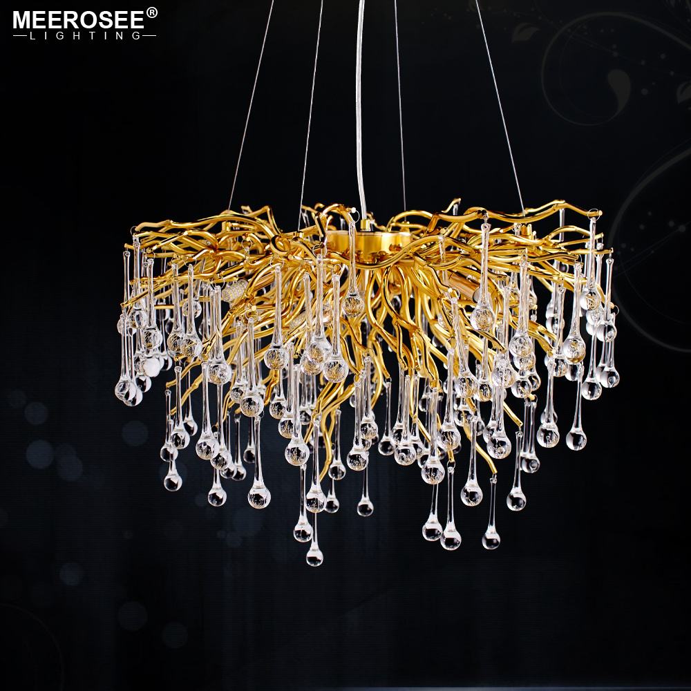 MEEROSEE Brass Gold Chandelier Crystal Modern Hanging Lighting for High Ceilings Stair Raindrop Linear Light Fixture MD8015