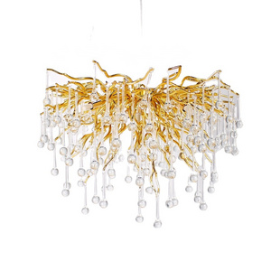 MEEROSEE Brass Gold Chandelier Crystal Modern Hanging Lighting for High Ceilings Stair Raindrop Linear Light Fixture MD8015