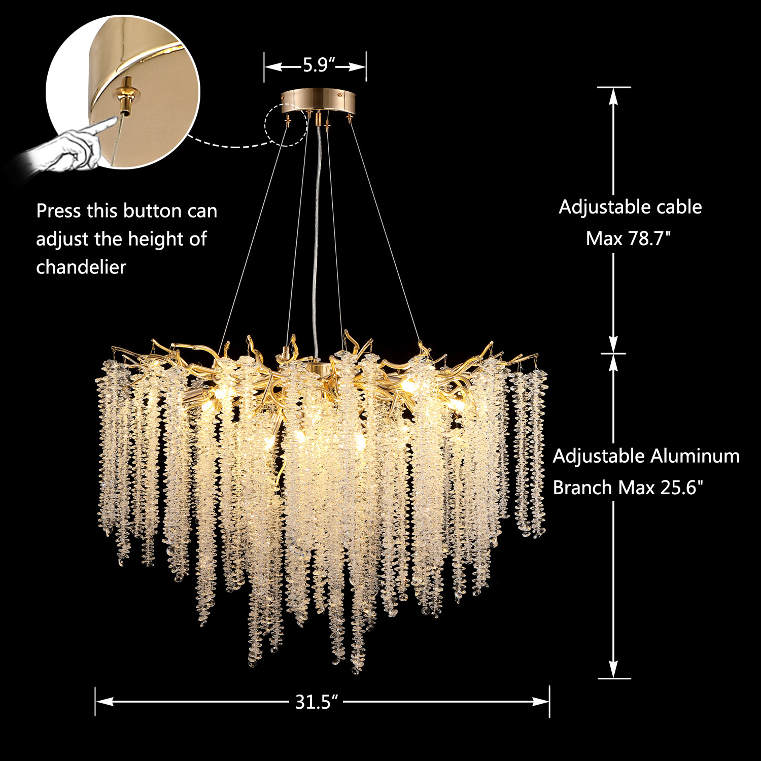 MEEROSEE Modern Crystal Raindrop Chandelier Gold Tree Branch Chandeliers Luxury Pendant Ceiling Chandelier Light Fixture AK001